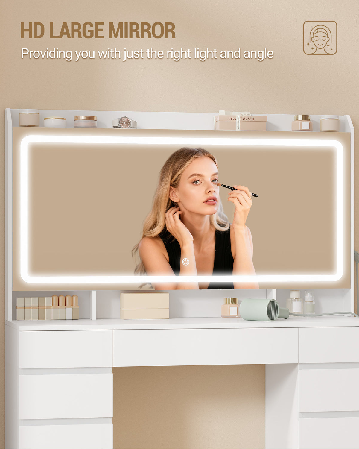 Hzuaneri Large Vanity Table with Large HD Mirror, Vanity Table with LED Lighting, 3 Colors, Adjustable Brightness, Dressing Table with 11 Drawers, Vanity Tables for Bedroom, White DT43003X