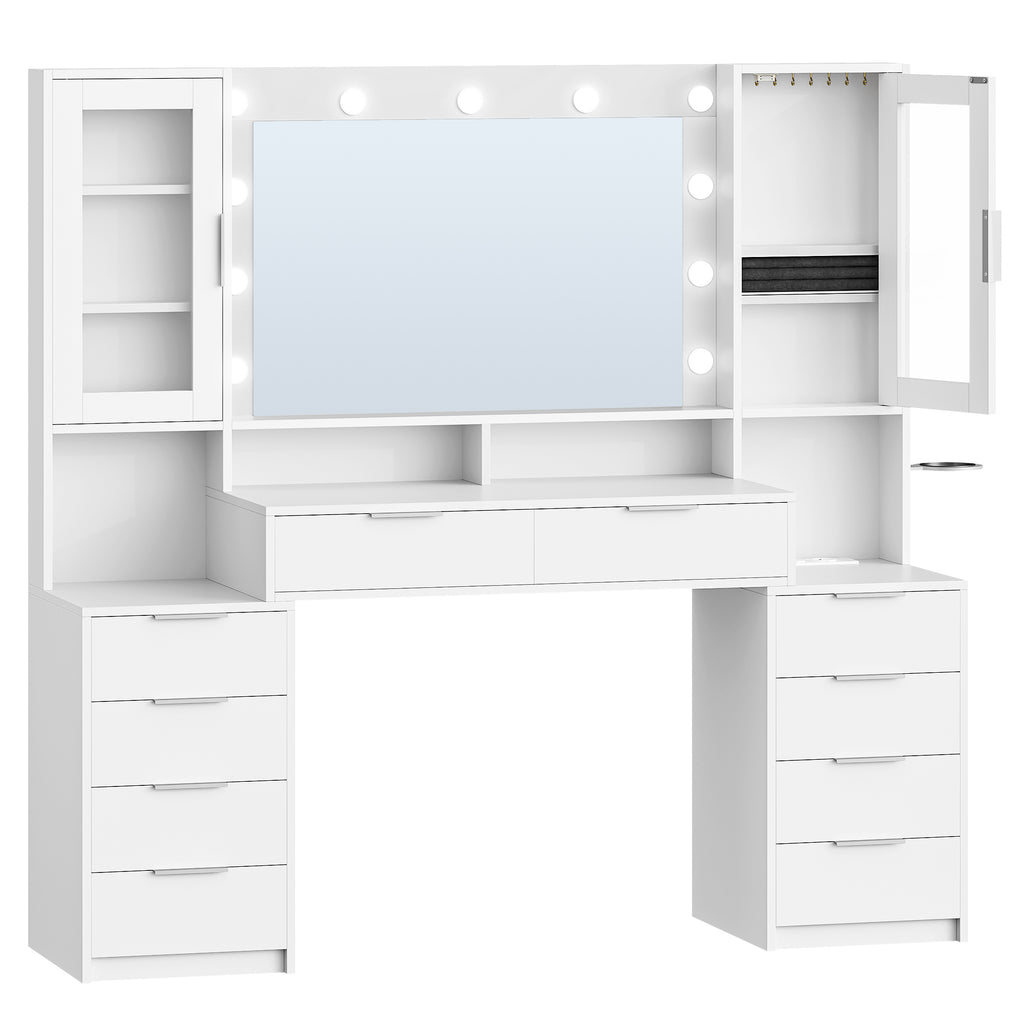 Hzuaneri 150cm Dressing Table with LED Lighting, Dressing Table with Multi Socket, 11 LED Lights, Three Lighting Colours, 10 Drawers, Storage for Jewelry, White-Silver DT434703XEU