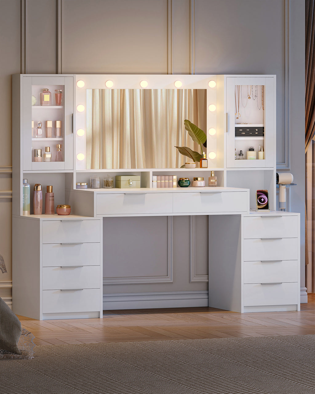 Hzuaneri 150 cm Large Vanity Table with LED Lighting and Power Strip, Vanity Table with Mirror, Tri-Color Light Setting, 10 Drawers, Jewelry Storage, White-Silver DT43703X