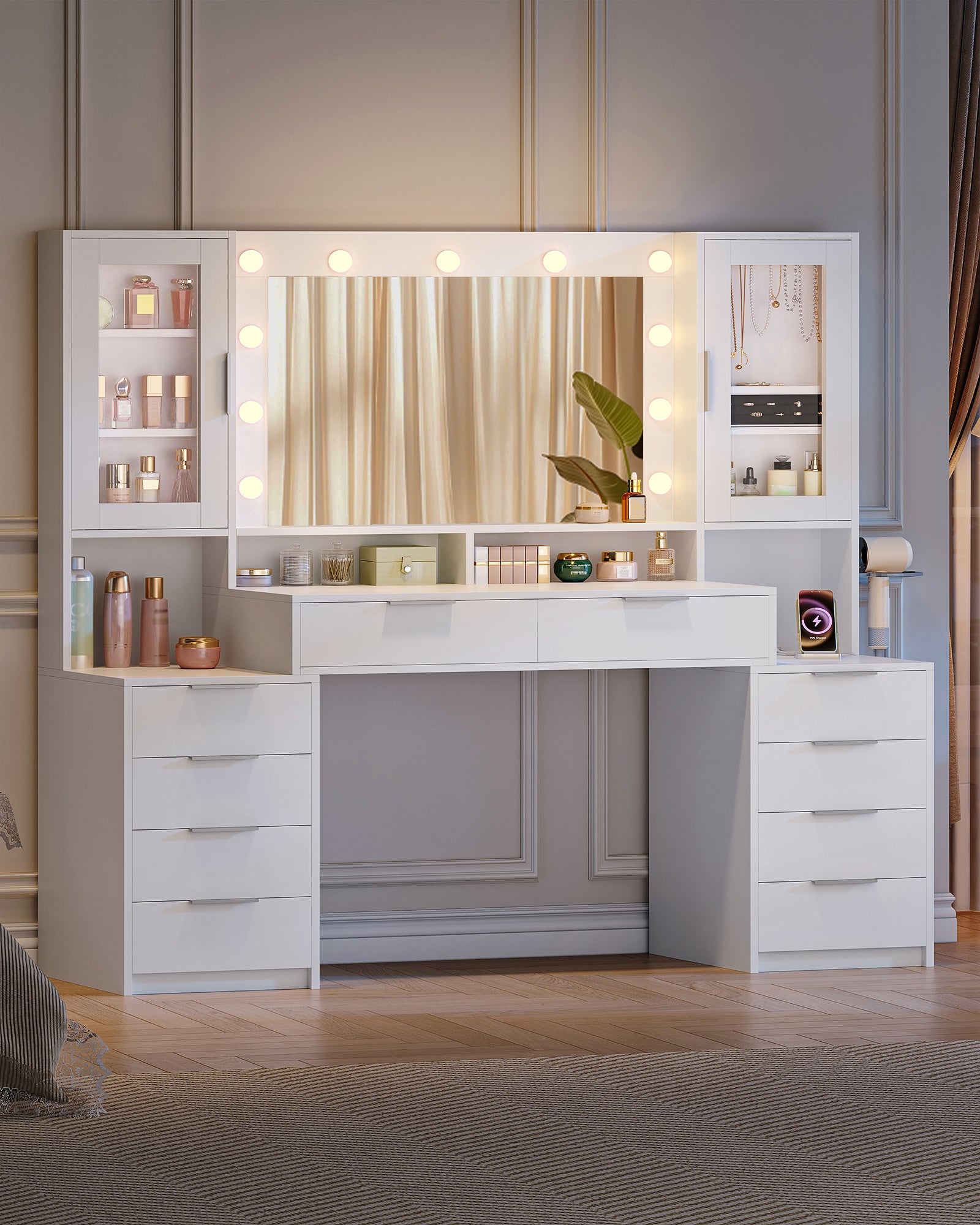 Hzuaneri 150 cm Large Vanity Table with LED Lighting and Power Strip, Vanity Table with Mirror, Tri-Color Light Setting, 10 Drawers, Jewelry Storage, White-Silver DT43703X