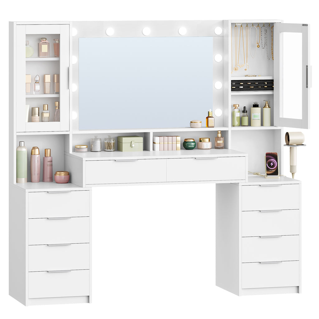 Hzuaneri 150 cm Large Vanity Table with LED Lighting and Power Strip, Vanity Table with Mirror, Tri-Color Light Setting, 10 Drawers, Jewelry Storage, White-Silver DT43703X