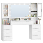 Hzuaneri 150 cm Large Vanity Table with LED Lighting and Power Strip, Vanity Table with Mirror, Tri-Color Light Setting, 10 Drawers, Jewelry Storage, White-Silver DT43703X
