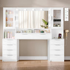 Hzuaneri 150 cm Large Vanity Table with LED Lighting and Power Strip, Vanity Table with Mirror, Tri-Color Light Setting, 10 Drawers, Jewelry Storage, White-Silver DT43703X
