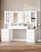 Hzuaneri 150cm Dressing Table with LED Lighting, Dressing Table with Multi Socket, 11 LED Lights, Three Lighting Colours, 10 Drawers, Storage for Jewelry, White-Silver DT434703XEU