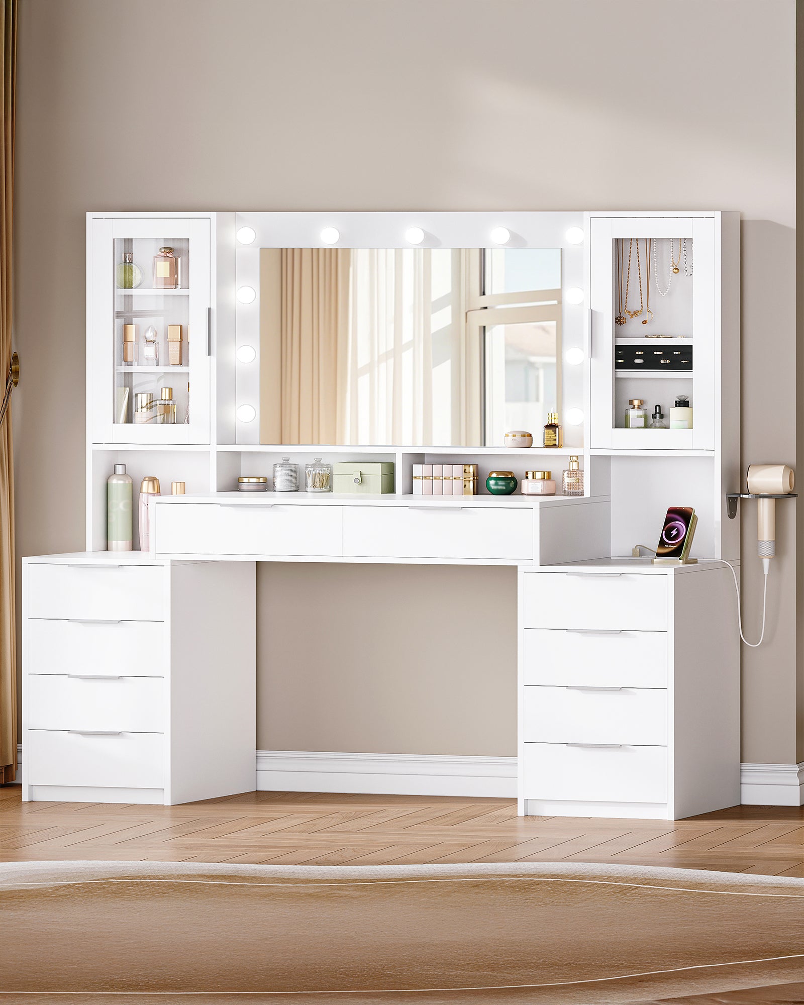 Hzuaneri 150cm Dressing Table with LED Lighting, Dressing Table with Multi Socket, 11 LED Lights, Three Lighting Colours, 10 Drawers, Storage for Jewelry, White-Silver DT434703XEU