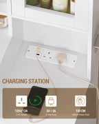 Hzuaneri 150 cm Large Vanity Table with LED Lighting and Power Strip, Vanity Table with Mirror, Tri-Color Light Setting, 10 Drawers, Jewelry Storage, White-Silver DT43703X