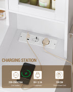 Hzuaneri 150cm Dressing Table with LED Lighting, Dressing Table with Multi Socket, 11 LED Lights, Three Lighting Colours, 10 Drawers, Storage for Jewelry, White-Silver DT434703XEU