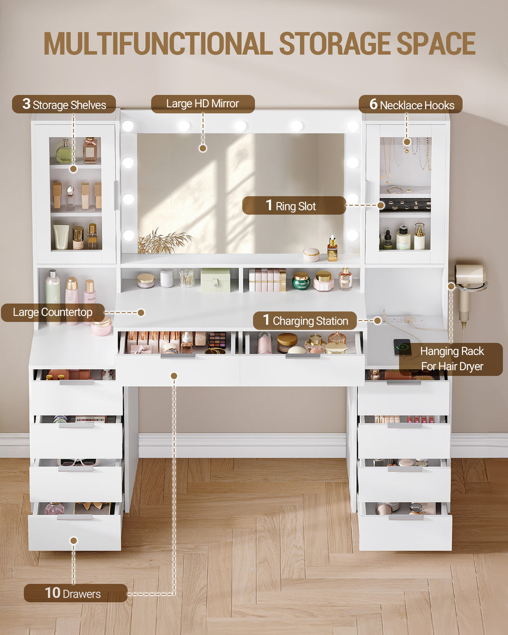 Hzuaneri 150 cm Large Vanity Table with LED Lighting and Power Strip, Vanity Table with Mirror, Tri-Color Light Setting, 10 Drawers, Jewelry Storage, White-Silver DT43703X