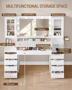 Hzuaneri 150cm Dressing Table with LED Lighting, Dressing Table with Multi Socket, 11 LED Lights, Three Lighting Colours, 10 Drawers, Storage for Jewelry, White-Silver DT434703XEU