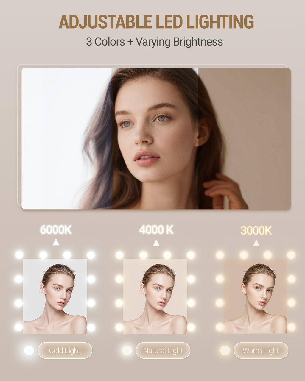 Hzuaneri 150 cm Large Vanity Table with LED Lighting and Power Strip, Vanity Table with Mirror, Tri-Color Light Setting, 10 Drawers, Jewelry Storage, White-Silver DT43703X