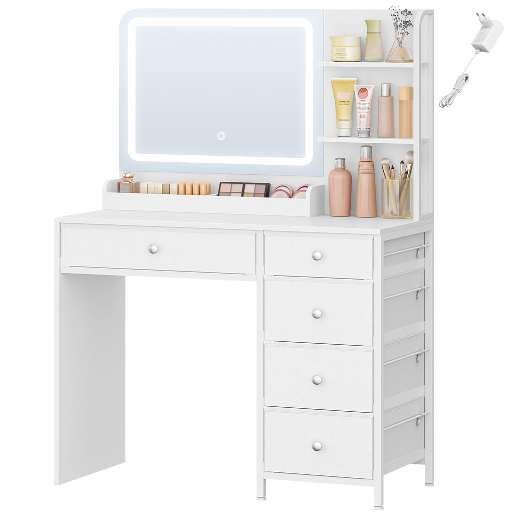 Hzuaneri Dressing Table with LED Lighting, Dressing Table with Large HD Mirror, Dressing Tables with 5 Drawers and 2 Shelves, Ideal for the Bedroom, Modern White DT43903XEU