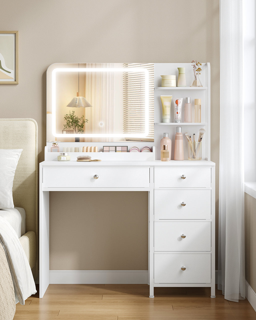 Hzuaneri Dressing Table with LED Lighting, Dressing Table with Large HD Mirror, Dressing Tables with 5 Drawers and 2 Shelves, Ideal for the Bedroom, Modern White DT43903XEU