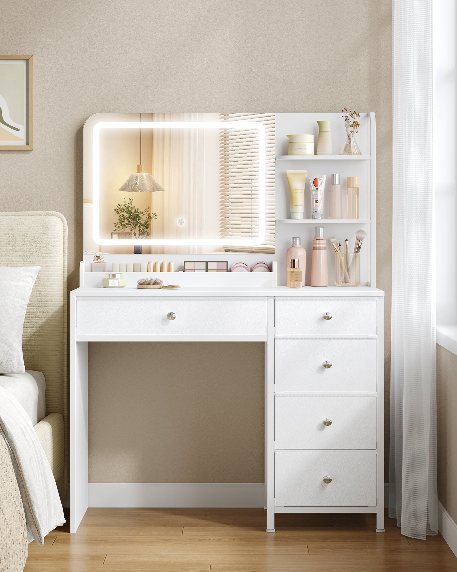 Hzuaneri Dressing Table with LED Lighting, Dressing Table with Large HD Mirror, Dressing Tables with 5 Drawers and 2 Shelves, Ideal for the Bedroom, Modern White DT43903XEU