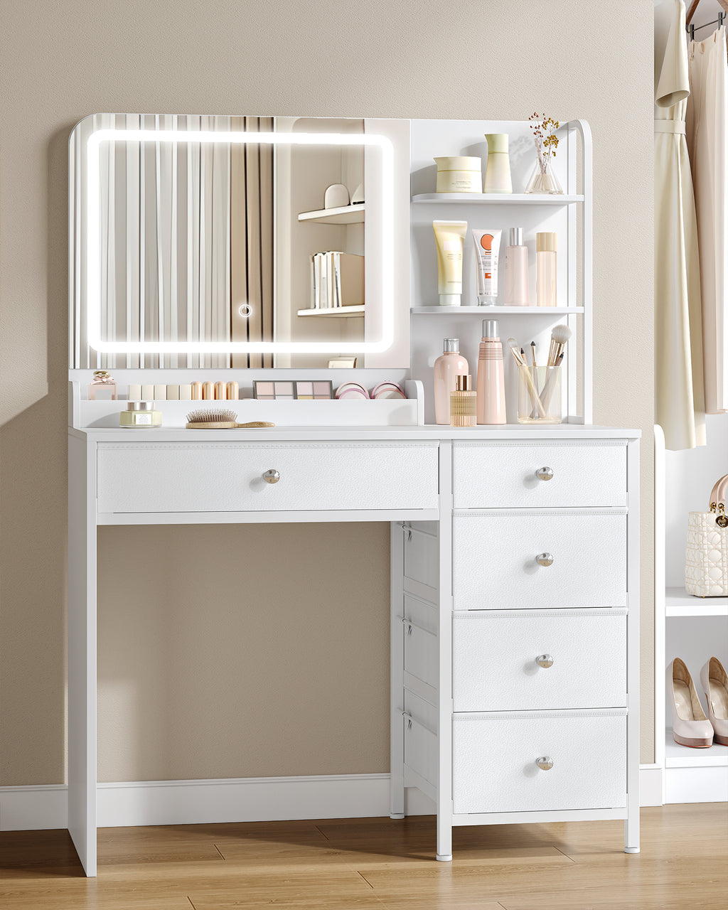 Hzuaneri Dressing Table with LED Lighting, Dressing Table with Large HD Mirror, Dressing Tables with 5 Drawers and 2 Shelves, Ideal for the Bedroom, Modern White DT43903XEU