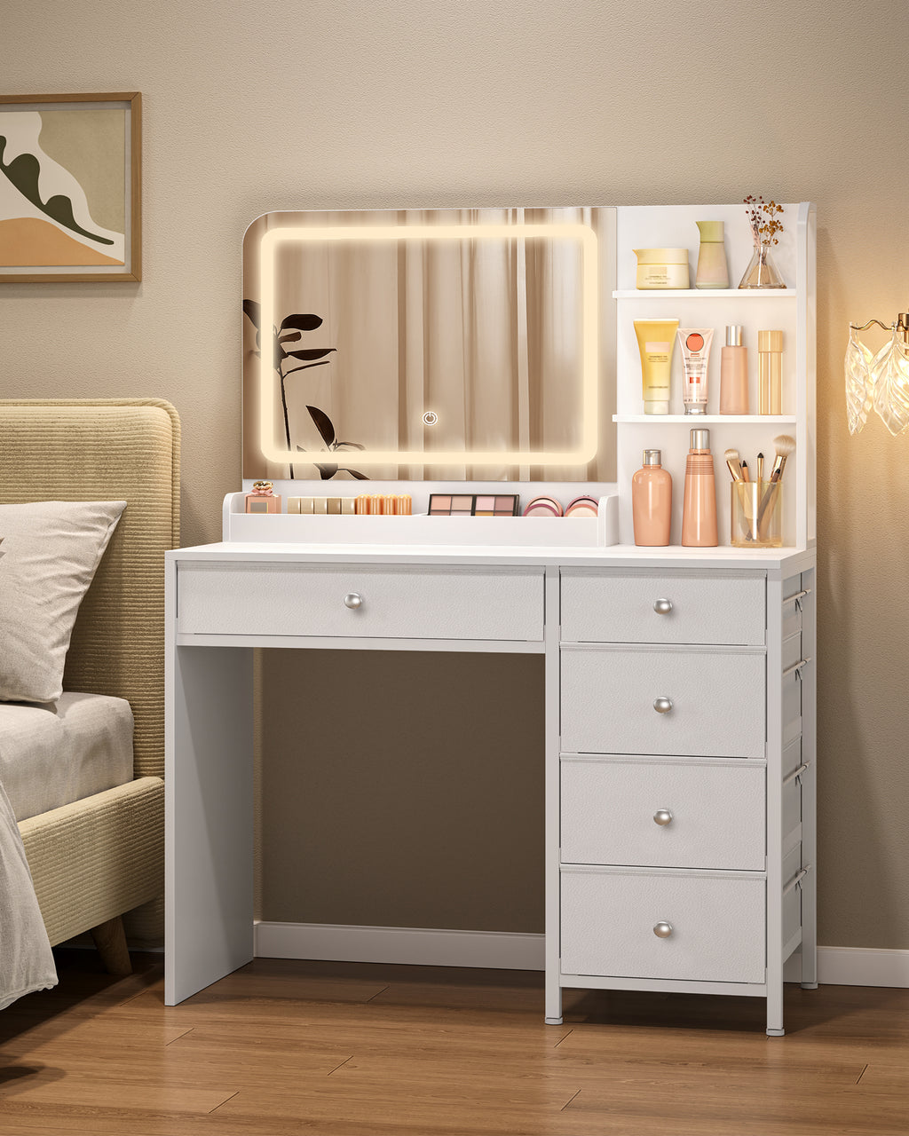 Hzuaneri Dressing Table with LED Lighting, Dressing Table with Large HD Mirror, Dressing Tables with 5 Drawers and 2 Shelves, Ideal for the Bedroom, Modern White DT43903XEU