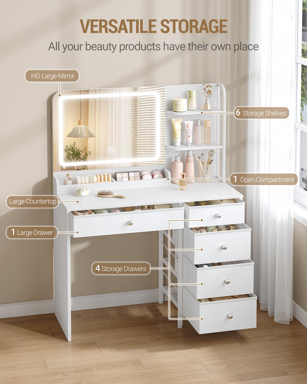 Hzuaneri Dressing Table with LED Lighting, Dressing Table with Large HD Mirror, Dressing Tables with 5 Drawers and 2 Shelves, Ideal for the Bedroom, Modern White DT43903XEU
