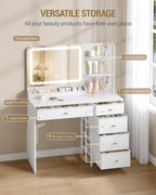 Hzuaneri Dressing Table with LED Lighting, Dressing Table with Large HD Mirror, Dressing Tables with 5 Drawers and 2 Shelves, Ideal for the Bedroom, Modern White DT43903XEU