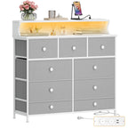 Hzuaneri Chest of Drawers, 9 Drawers, LED Light Strip, 2 USB & 2 AC Ports, Versatile Storage Furniture for Living Room and Bedroom, 30 x 100 x 95 cm, White-Grey DU02913W