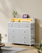 Hzuaneri Chest of Drawers, 9 Drawers, LED Light Strip, 2 USB & 2 AC Ports, Versatile Storage Furniture for Living Room and Bedroom, 30 x 100 x 95 cm, White-Grey DU02913W