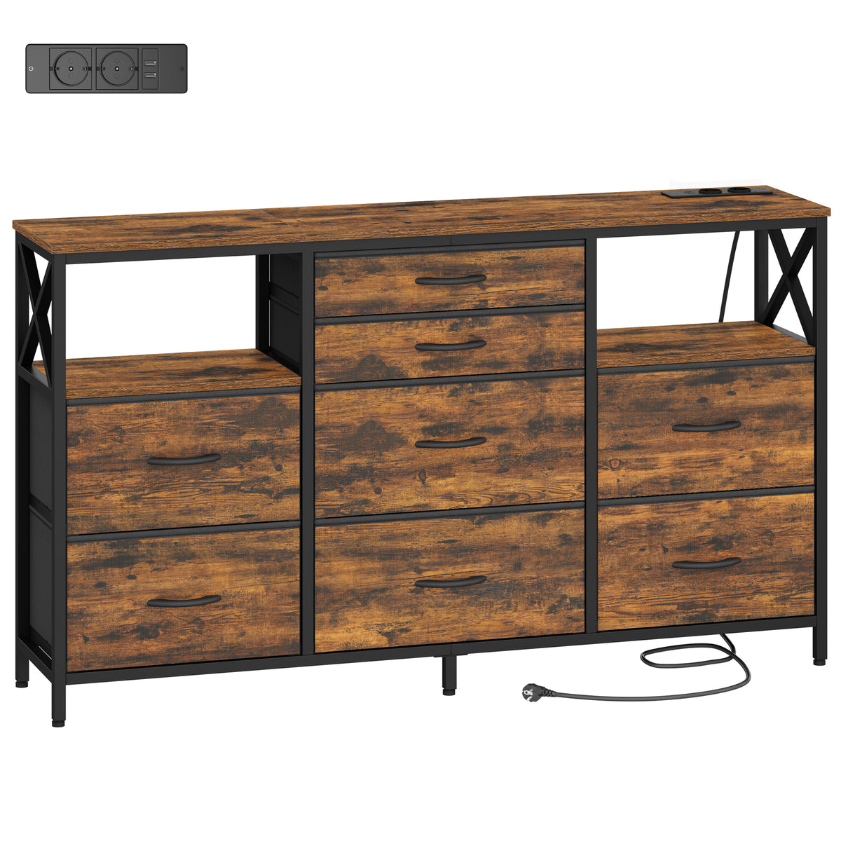 Hzuaneri Chest of Drawers 140 cm, 2 USB & 2 AC Ports, Chest of Drawers with 8 Fabric Drawers, Versatile Storage Furniture for Living Room and Bedroom, 30 x 140 x 86 cm, Vintage DU03801B