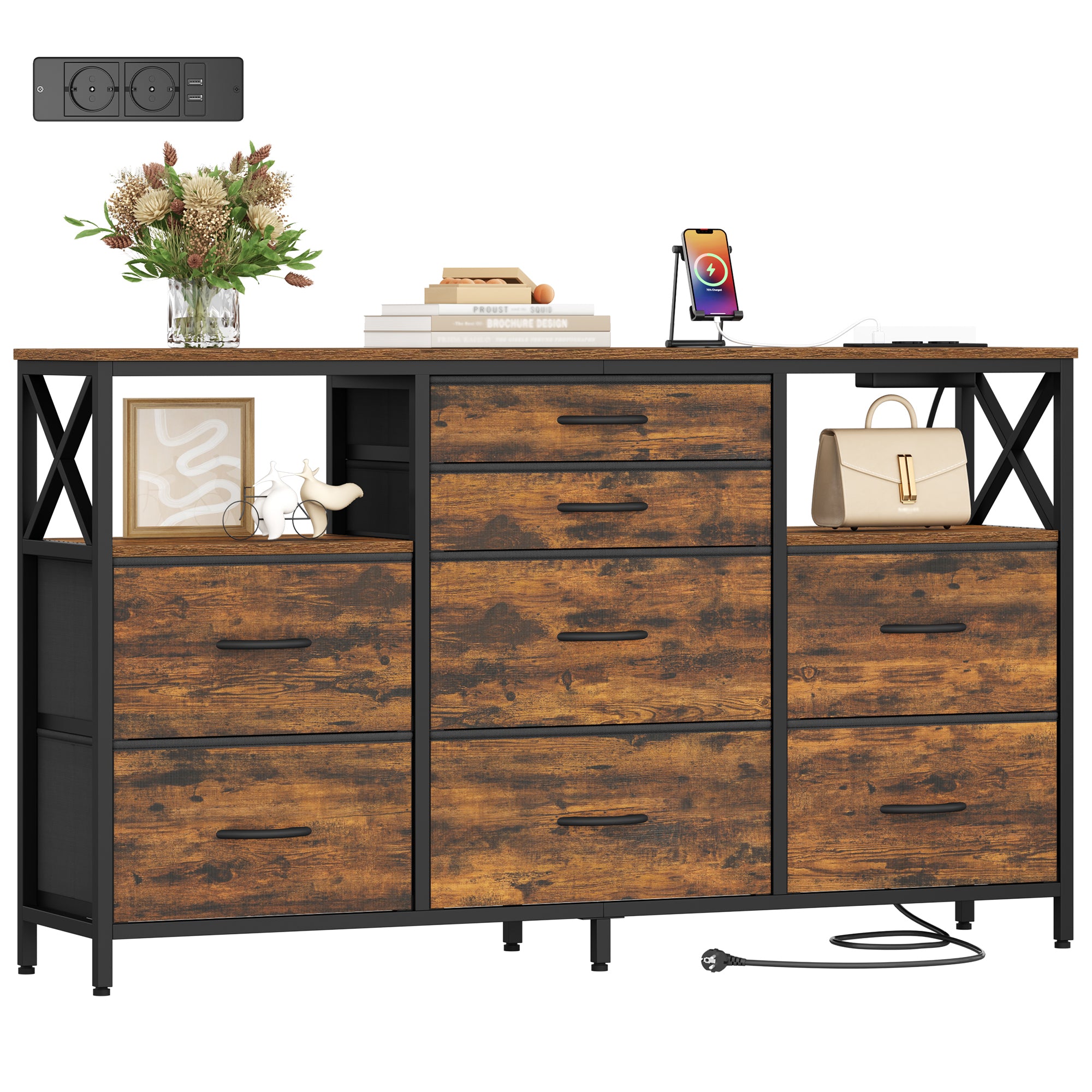 Hzuaneri Chest of Drawers 140 cm, 2 USB & 2 AC Ports, Chest of Drawers with 8 Fabric Drawers, Versatile Storage Furniture for Living Room and Bedroom, 30 x 140 x 86 cm, Vintage DU03801B