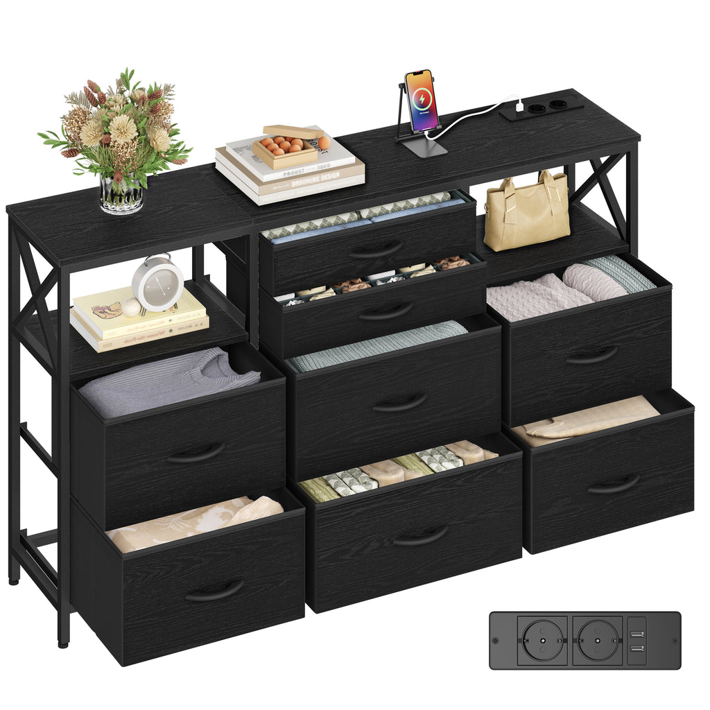 Hzuaneri Chest of Drawers 140 cm, 2 USB & 2 AC Ports, Chest of Drawers with 8 Fabric Drawers, Versatile Storage Furniture for Living Room and Bedroom, 30 x 140 x 86 cm, Black DU03804B