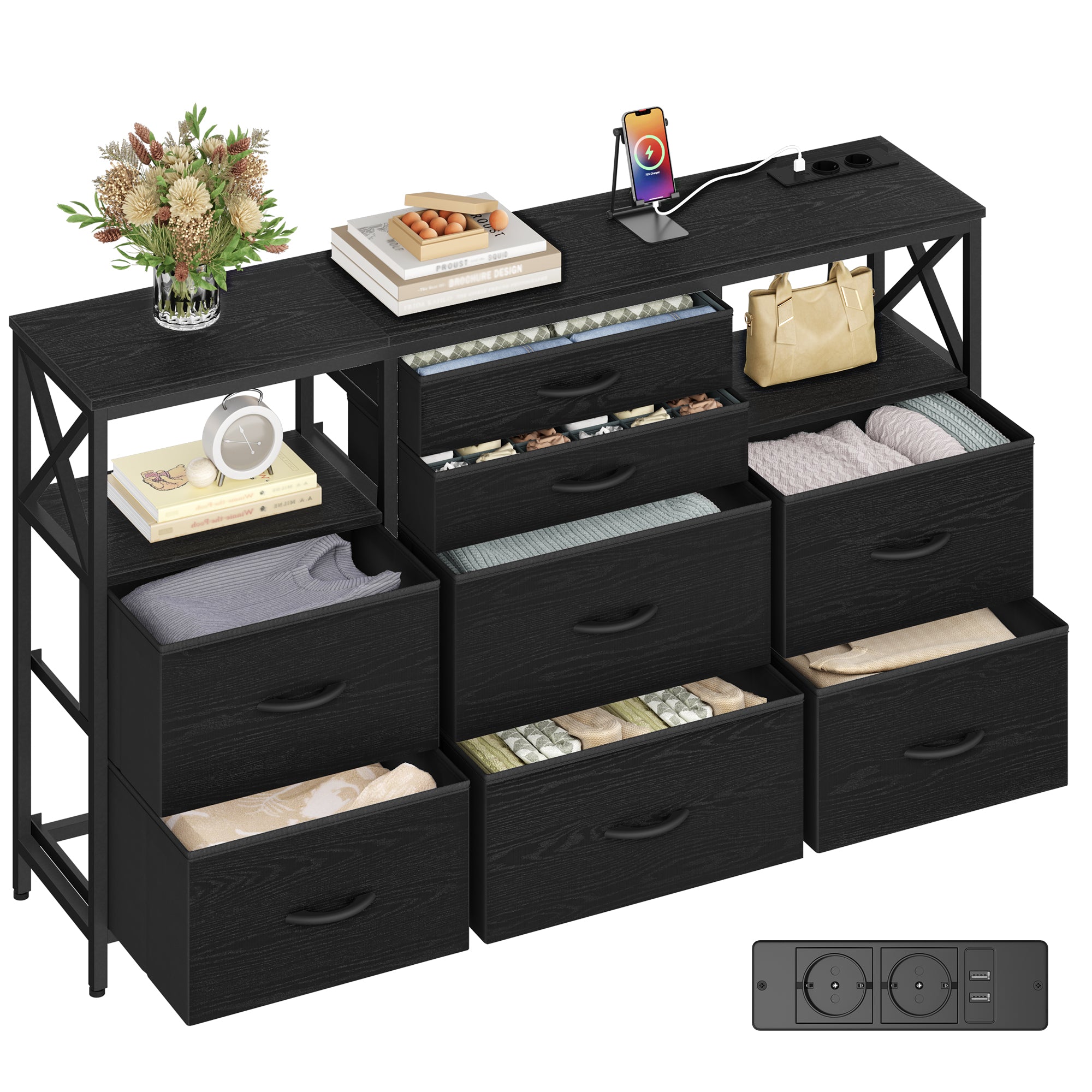Hzuaneri Chest of Drawers 140 cm, 2 USB & 2 AC Ports, Chest of Drawers with 8 Fabric Drawers, Versatile Storage Furniture for Living Room and Bedroom, 30 x 140 x 86 cm, Black DU03804B