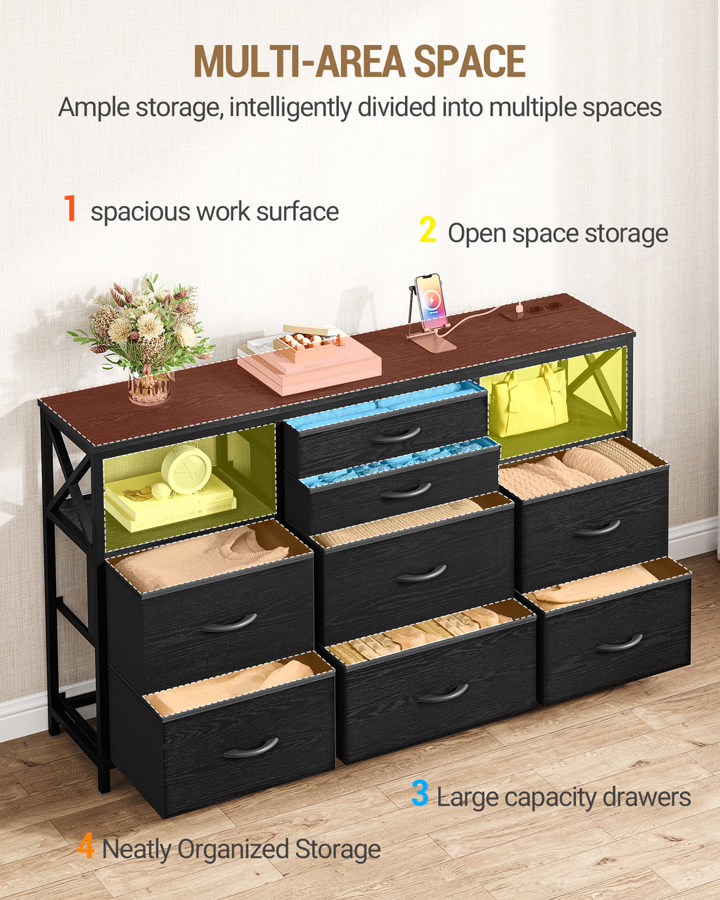 Hzuaneri Chest of Drawers 140 cm, 2 USB & 2 AC Ports, Chest of Drawers with 8 Fabric Drawers, Versatile Storage Furniture for Living Room and Bedroom, 30 x 140 x 86 cm, Black DU03804B