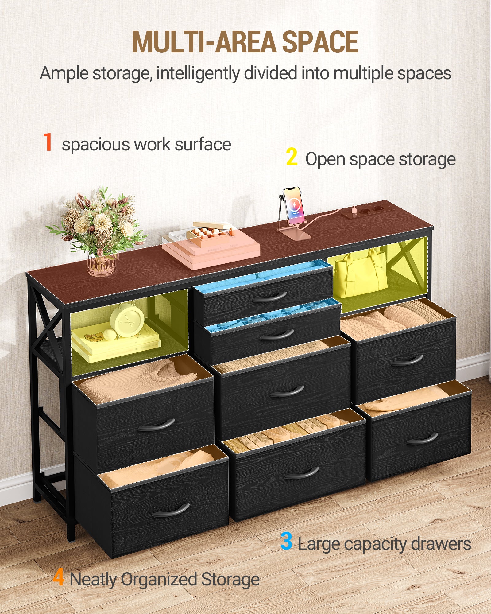 Hzuaneri Chest of Drawers 140 cm, 2 USB & 2 AC Ports, Chest of Drawers with 8 Fabric Drawers, Versatile Storage Furniture for Living Room and Bedroom, 30 x 140 x 86 cm, Black DU03804B