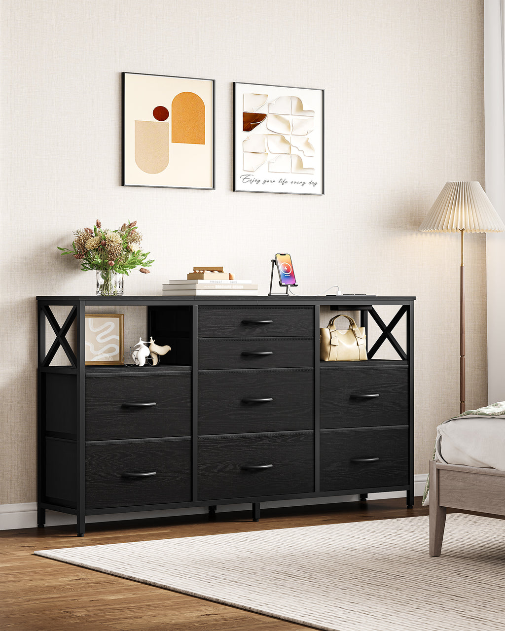 Hzuaneri Chest of Drawers 140 cm, 2 USB & 2 AC Ports, Chest of Drawers with 8 Fabric Drawers, Versatile Storage Furniture for Living Room and Bedroom, 30 x 140 x 86 cm, Black DU03804B