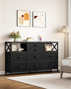 Hzuaneri Chest of Drawers 140 cm, 2 USB & 2 AC Ports, Chest of Drawers with 8 Fabric Drawers, Versatile Storage Furniture for Living Room and Bedroom, 30 x 140 x 86 cm, Black DU03804B