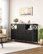 Hzuaneri Chest of Drawers 140 cm, 2 USB & 2 AC Ports, Chest of Drawers with 8 Fabric Drawers, Versatile Storage Furniture for Living Room and Bedroom, 30 x 140 x 86 cm, Black DU03804B