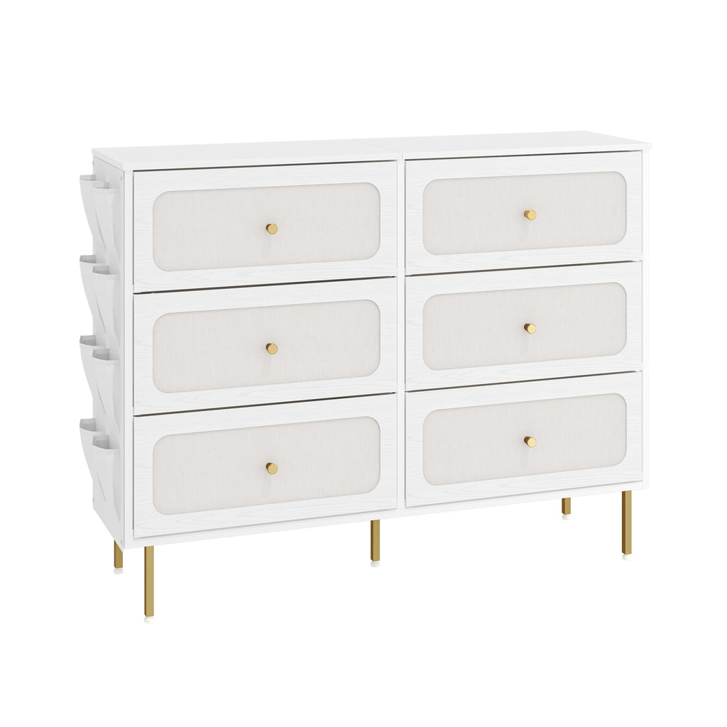 Hzuaneri Chest of Drawers 110cm, Cabinet with 6 Fabric Drawers, Multifunctional Sideboard with Fabric Storage, Metal Frame, 30 x 110 x 85 cm, for Living Room and Bedroom, Modern, White-Gold DU25813AW