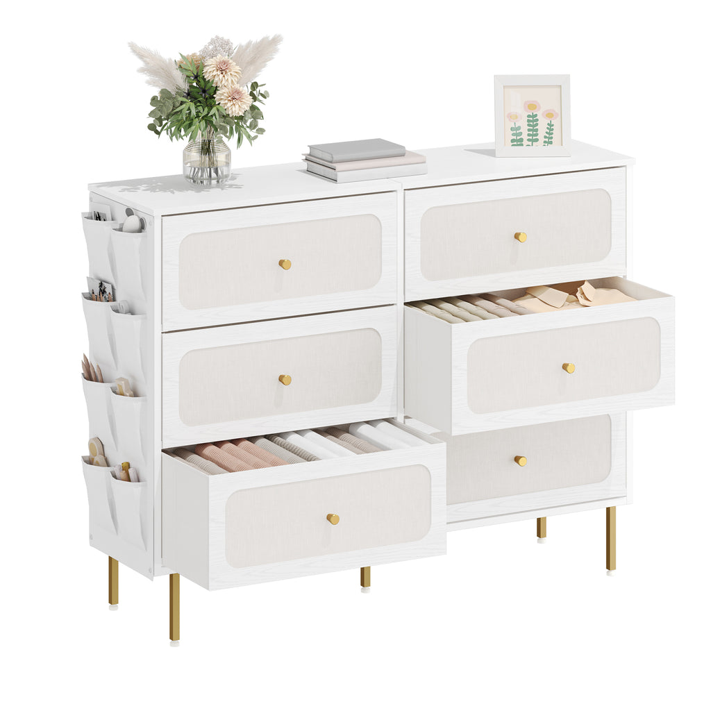 Hzuaneri Chest of Drawers 110cm, Cabinet with 6 Fabric Drawers, Multifunctional Sideboard with Fabric Storage, Metal Frame, 30 x 110 x 85 cm, for Living Room and Bedroom, Modern, White-Gold DU25813AW