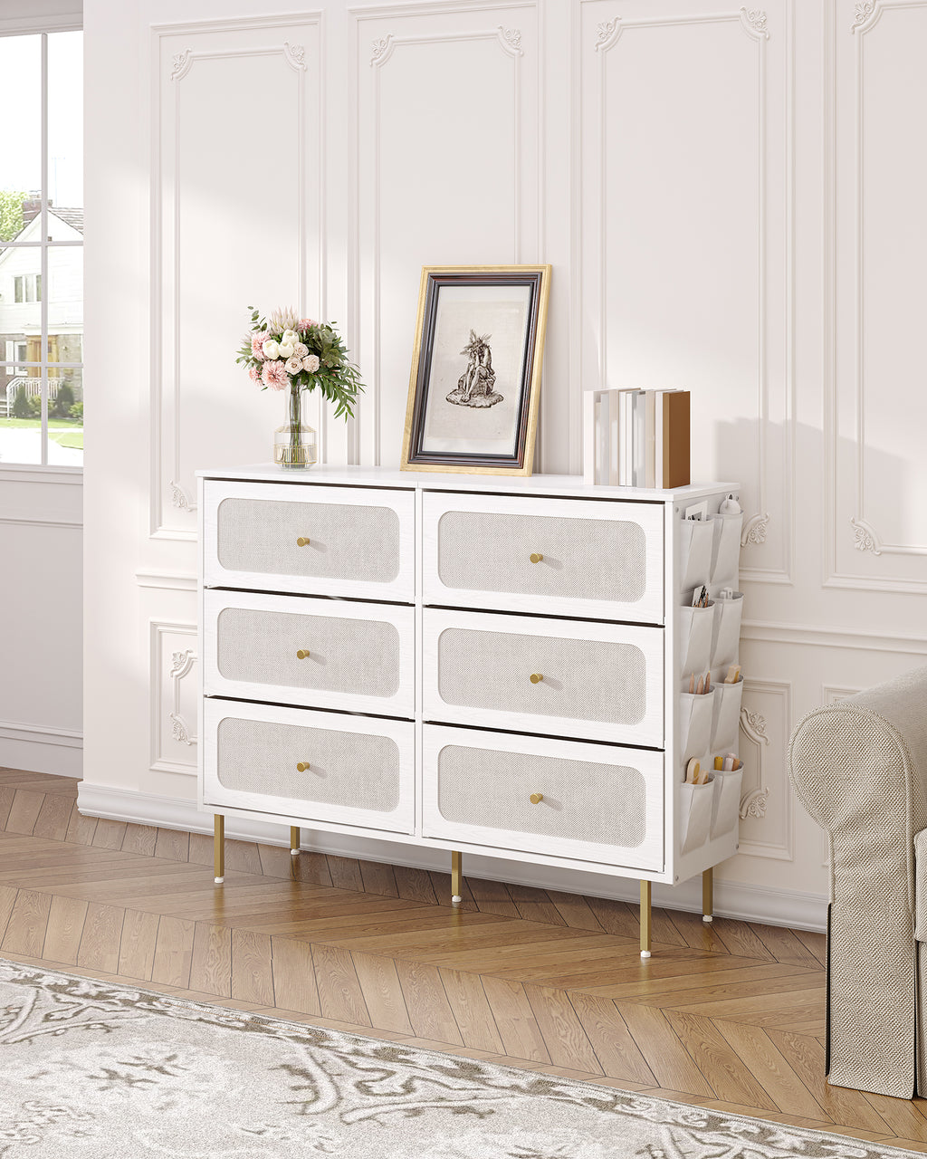 Hzuaneri Chest of Drawers 110cm, Cabinet with 6 Fabric Drawers, Multifunctional Sideboard with Fabric Storage, Metal Frame, 30 x 110 x 85 cm, for Living Room and Bedroom, Modern, White-Gold DU25813AW