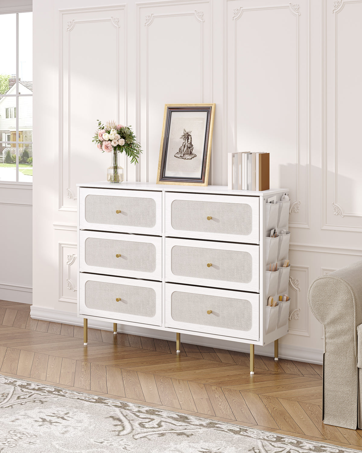 Hzuaneri Chest of Drawers 110cm, Cabinet with 6 Fabric Drawers, Multifunctional Sideboard with Fabric Storage, Metal Frame, 30 x 110 x 85 cm, for Living Room and Bedroom, Modern, White-Gold DU25813AW