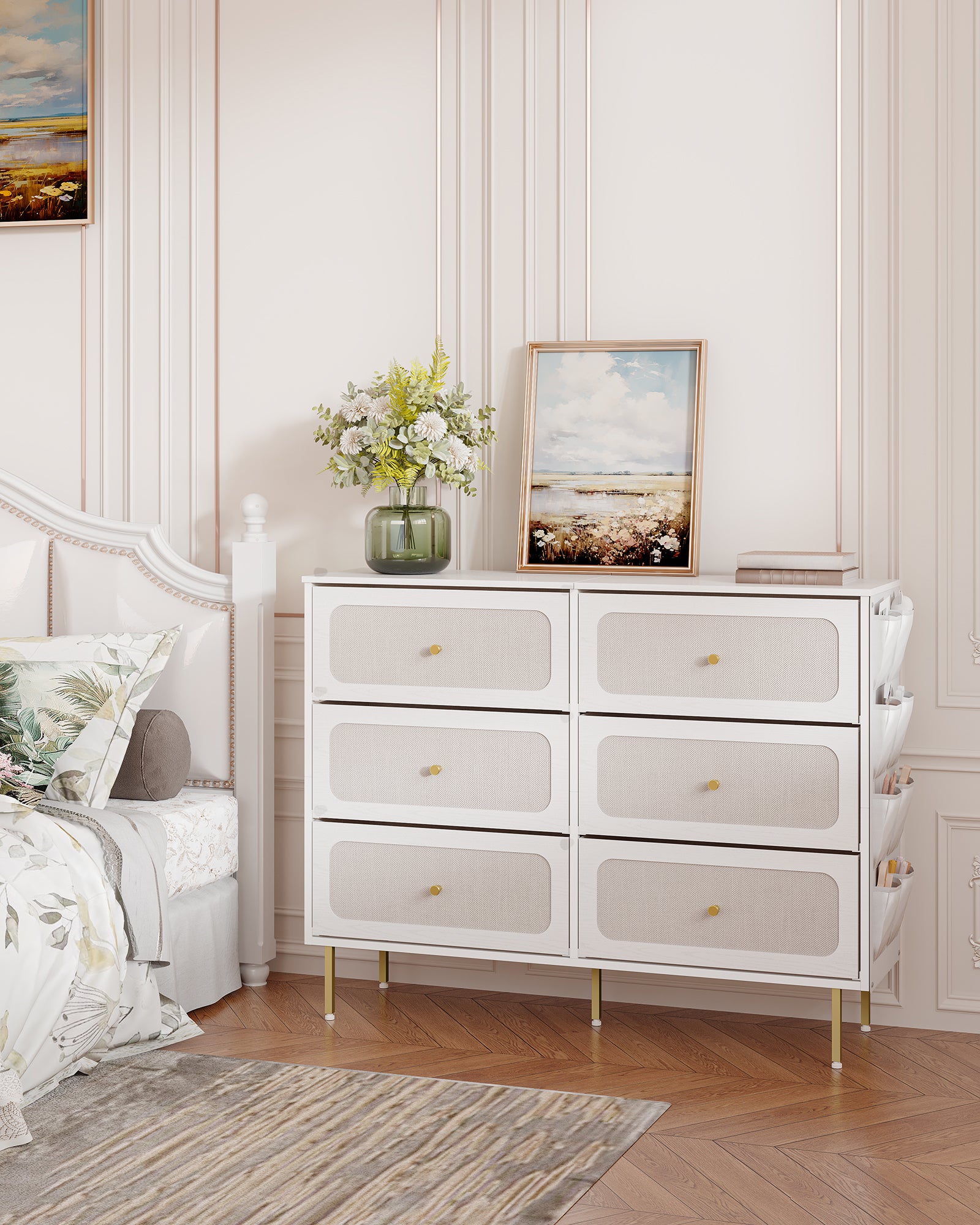 Hzuaneri Chest of Drawers 110cm, Cabinet with 6 Fabric Drawers, Multifunctional Sideboard with Fabric Storage, Metal Frame, 30 x 110 x 85 cm, for Living Room and Bedroom, Modern, White-Gold DU25813AW