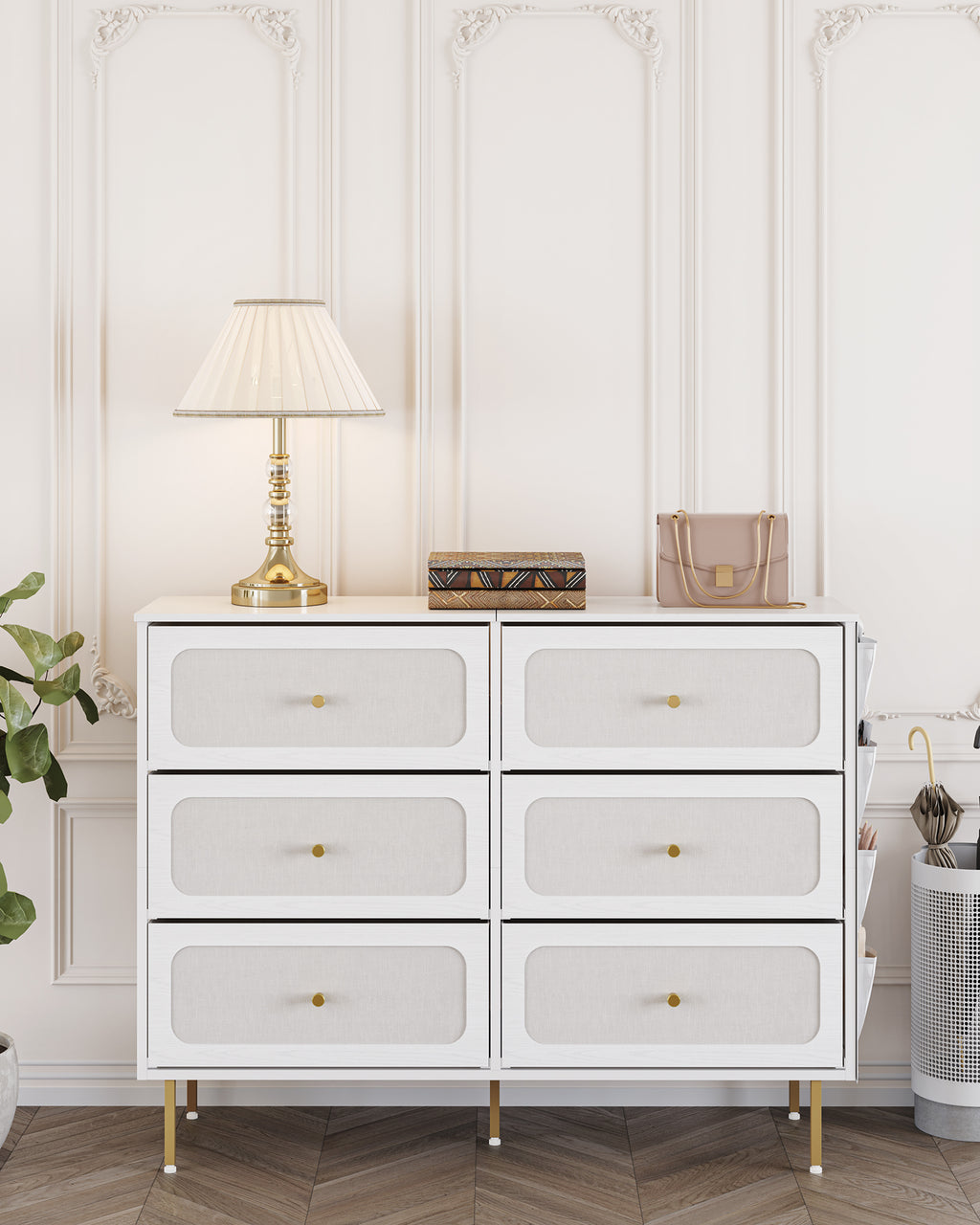 Hzuaneri Chest of Drawers 110cm, Cabinet with 6 Fabric Drawers, Multifunctional Sideboard with Fabric Storage, Metal Frame, 30 x 110 x 85 cm, for Living Room and Bedroom, Modern, White-Gold DU25813AW