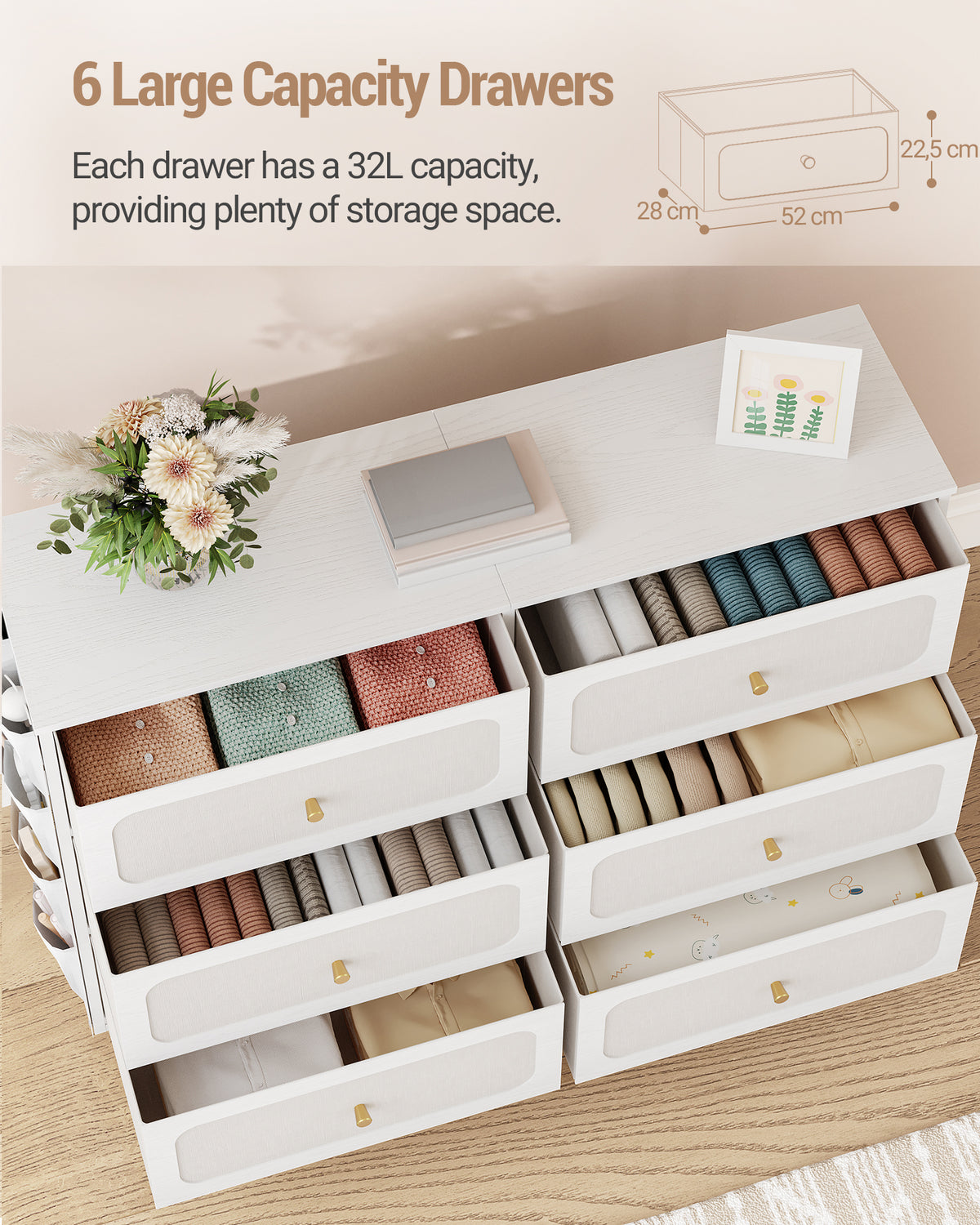 Hzuaneri Chest of Drawers 110cm, Cabinet with 6 Fabric Drawers, Multifunctional Sideboard with Fabric Storage, Metal Frame, 30 x 110 x 85 cm, for Living Room and Bedroom, Modern, White-Gold DU25813AW