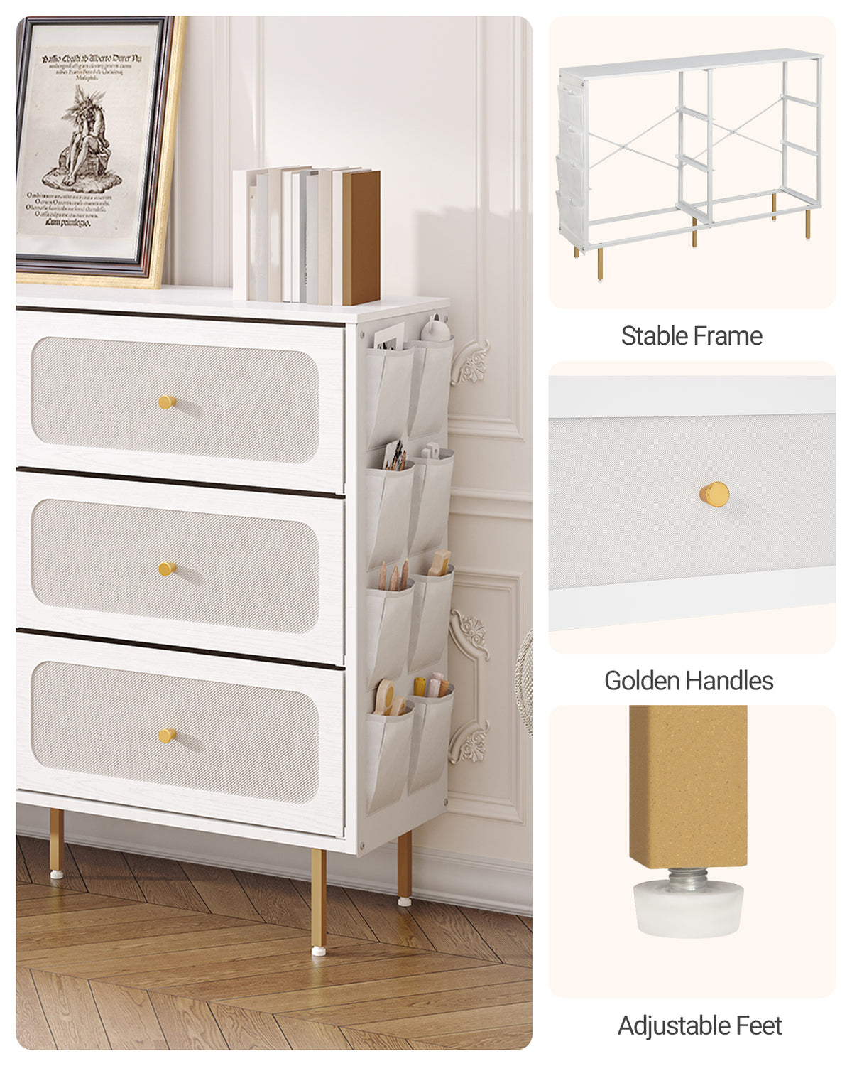 Hzuaneri Chest of Drawers 110cm, Cabinet with 6 Fabric Drawers, Multifunctional Sideboard with Fabric Storage, Metal Frame, 30 x 110 x 85 cm, for Living Room and Bedroom, Modern, White-Gold DU25813AW