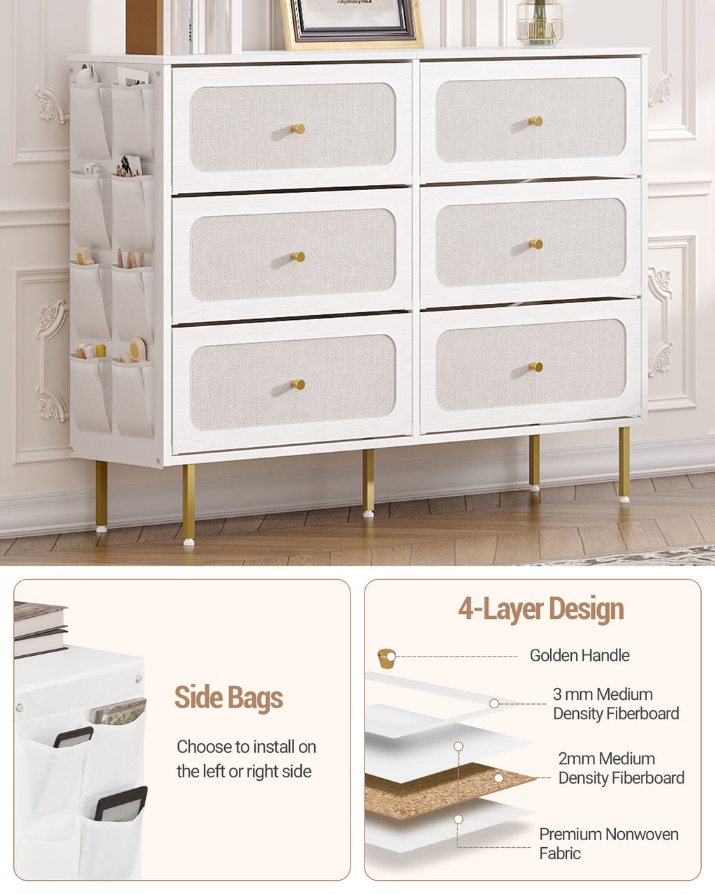 Hzuaneri Chest of Drawers 110cm, Cabinet with 6 Fabric Drawers, Multifunctional Sideboard with Fabric Storage, Metal Frame, 30 x 110 x 85 cm, for Living Room and Bedroom, Modern, White-Gold DU25813AW