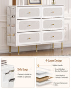 Hzuaneri Chest of Drawers 110cm, Cabinet with 6 Fabric Drawers, Multifunctional Sideboard with Fabric Storage, Metal Frame, 30 x 110 x 85 cm, for Living Room and Bedroom, Modern, White-Gold DU25813AW