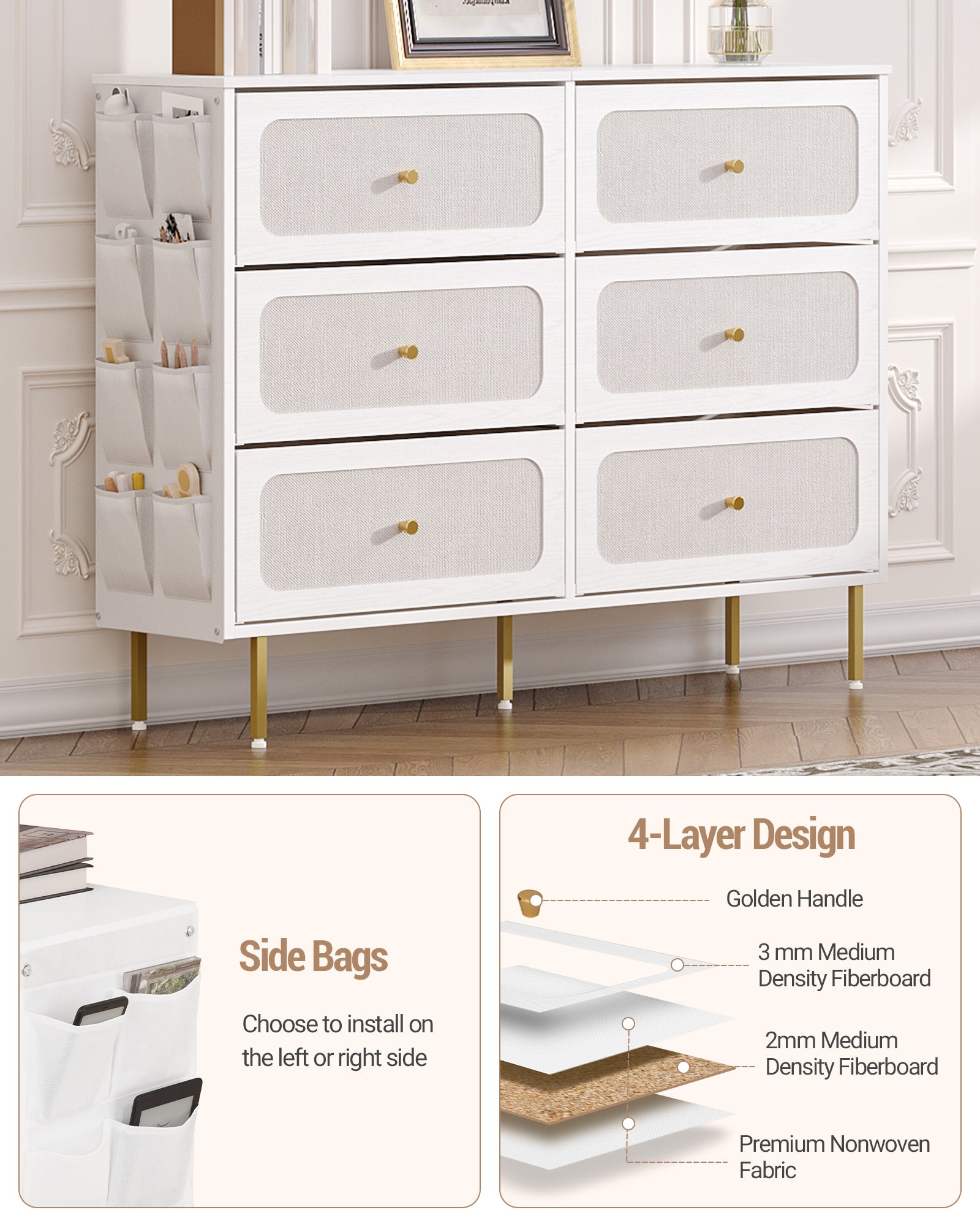 Hzuaneri Chest of Drawers 110cm, Cabinet with 6 Fabric Drawers, Multifunctional Sideboard with Fabric Storage, Metal Frame, 30 x 110 x 85 cm, for Living Room and Bedroom, Modern, White-Gold DU25813AW