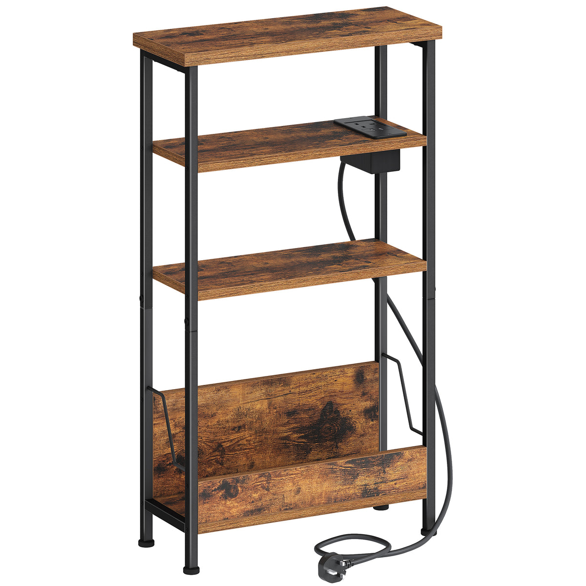Hzuaneri Slim Side Table, 4-Tier End Table with Magazine Rack and Charging Outlet, Suitable for Living Rooms, Bedrooms and Offices, Rustic Brown ET40001B