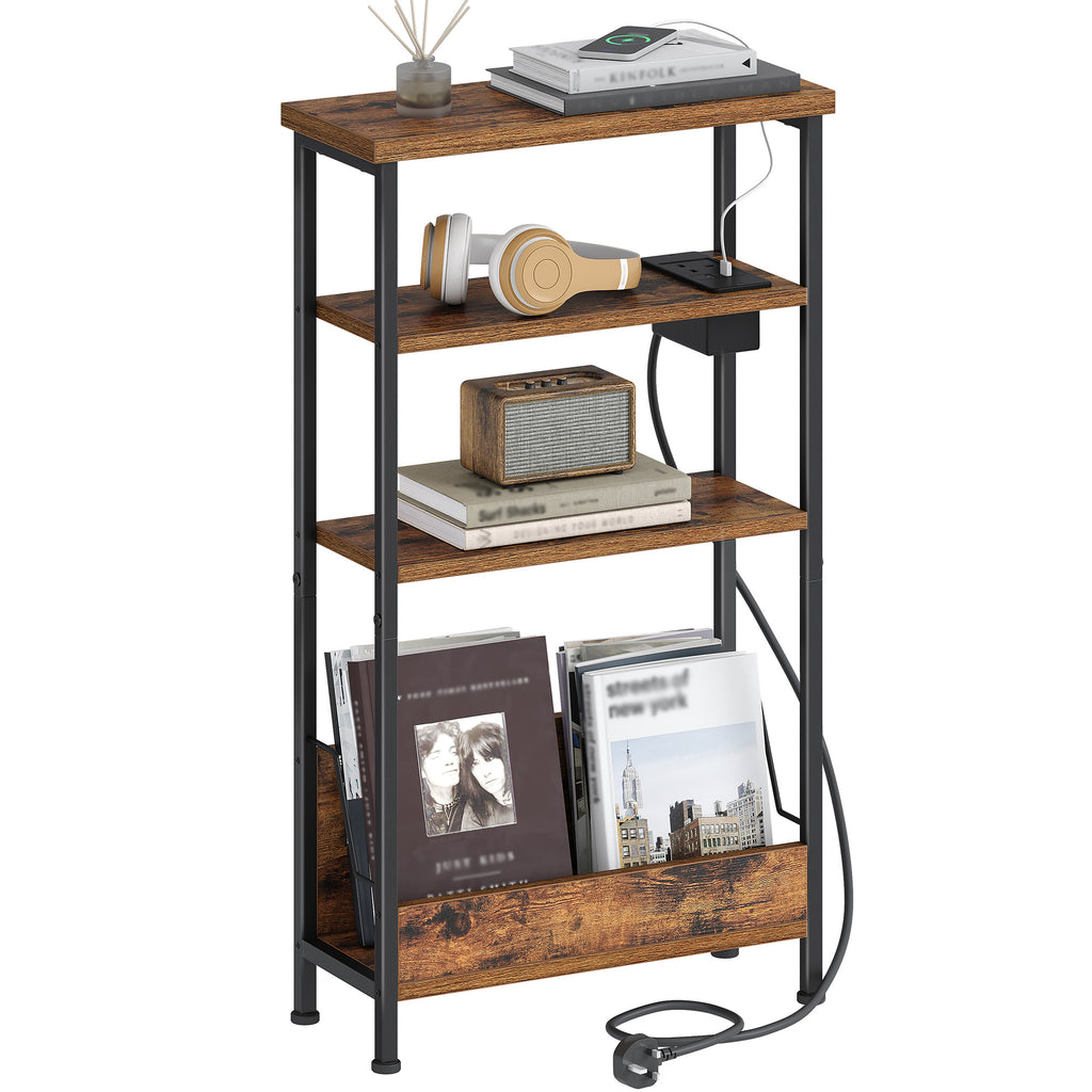 Hzuaneri Slim Side Table, 4-Tier End Table with Magazine Rack and Charging Outlet, Suitable for Living Rooms, Bedrooms and Offices, Rustic Brown ET40001B