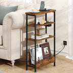Hzuaneri Narrow Side Table with Charging Station, 4-Tier Slim Bedside Table with Magazine Rack, Sofa End Table for Small Spaces, Living Rooms, Bedrooms, Study as a Nightstand, Rustic Brown T40001B