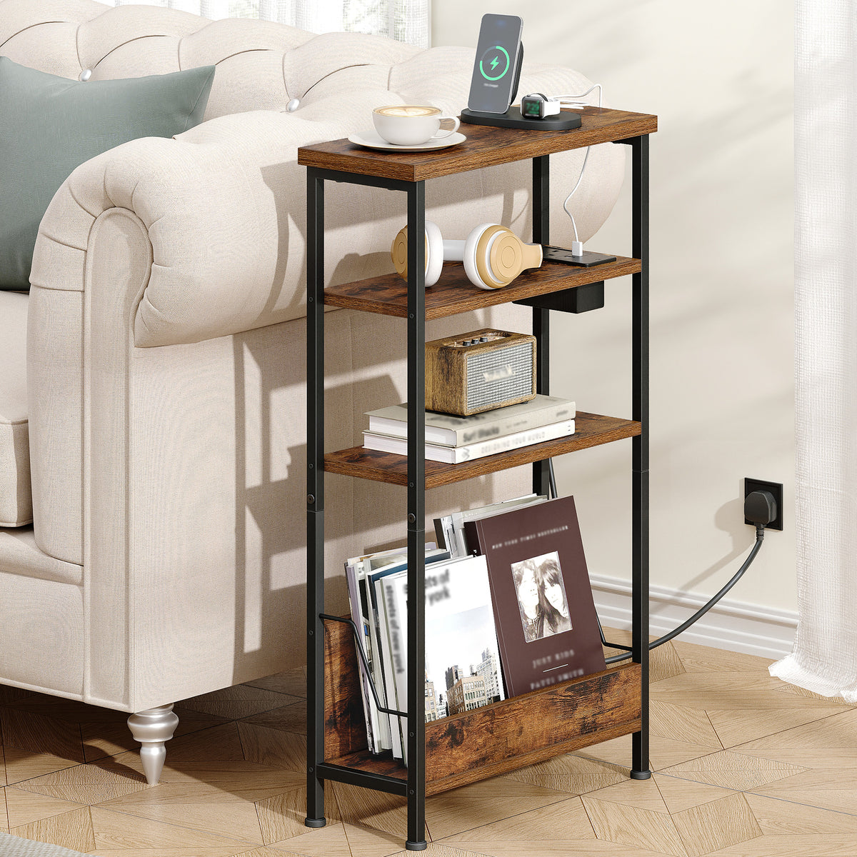 Hzuaneri Narrow Side Table with Charging Station, 4-Tier Slim Bedside Table with Magazine Rack, Sofa End Table for Small Spaces, Living Rooms, Bedrooms, Study as a Nightstand, Rustic Brown T40001B