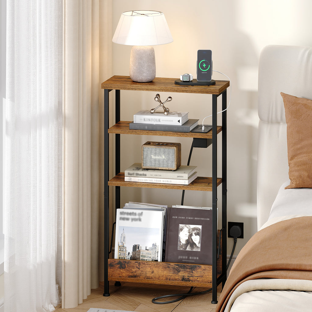 Hzuaneri Narrow Side Table with Charging Station, 4-Tier Slim Bedside Table with Magazine Rack, Sofa End Table for Small Spaces, Living Rooms, Bedrooms, Study as a Nightstand, Rustic Brown T40001B