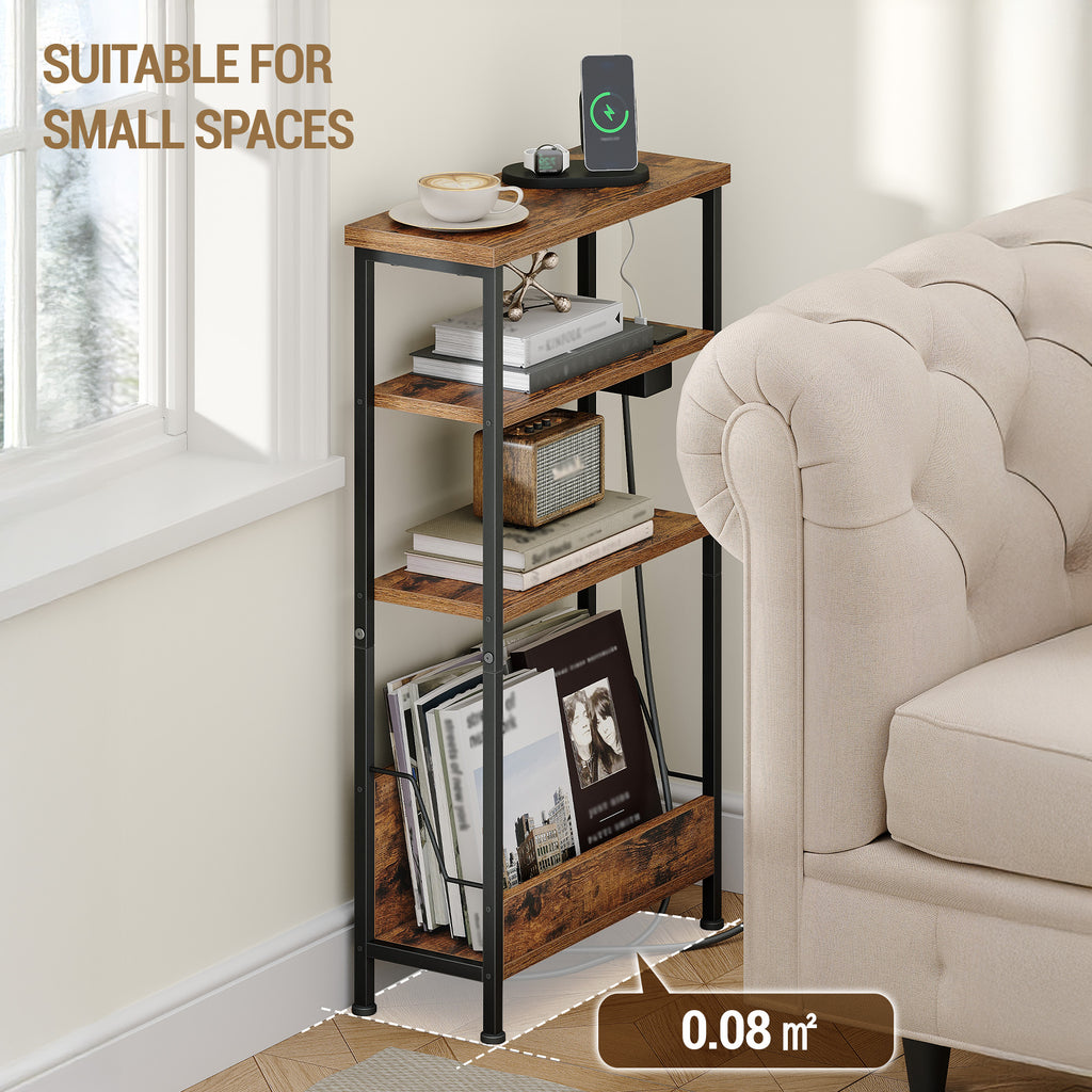 Hzuaneri Narrow Side Table with Charging Station, 4-Tier Slim Bedside Table with Magazine Rack, Sofa End Table for Small Spaces, Living Rooms, Bedrooms, Study as a Nightstand, Rustic Brown T40001B