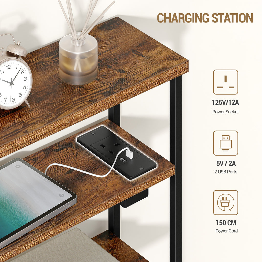 Hzuaneri Slim Side Table, 4-Tier End Table with Magazine Rack and Charging Outlet, Suitable for Living Rooms, Bedrooms and Offices, Rustic Brown ET40001B